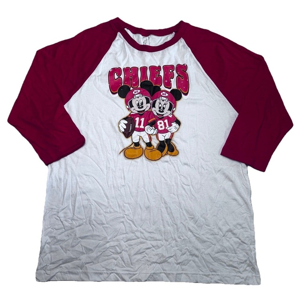 Mickey Minnie Mouse Chiefs Shirt Womens XL Raglan KC Football Graphic Tee